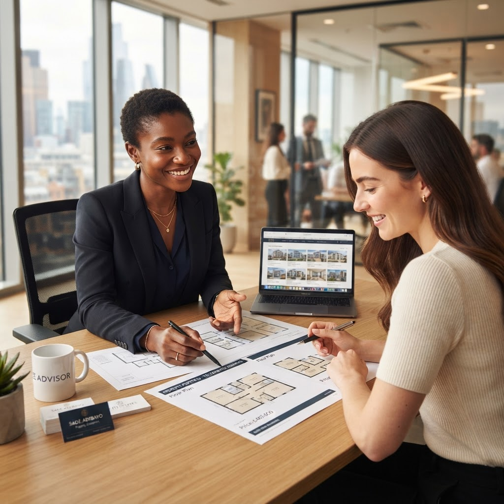 Property advisor consulting with a client in a modern office